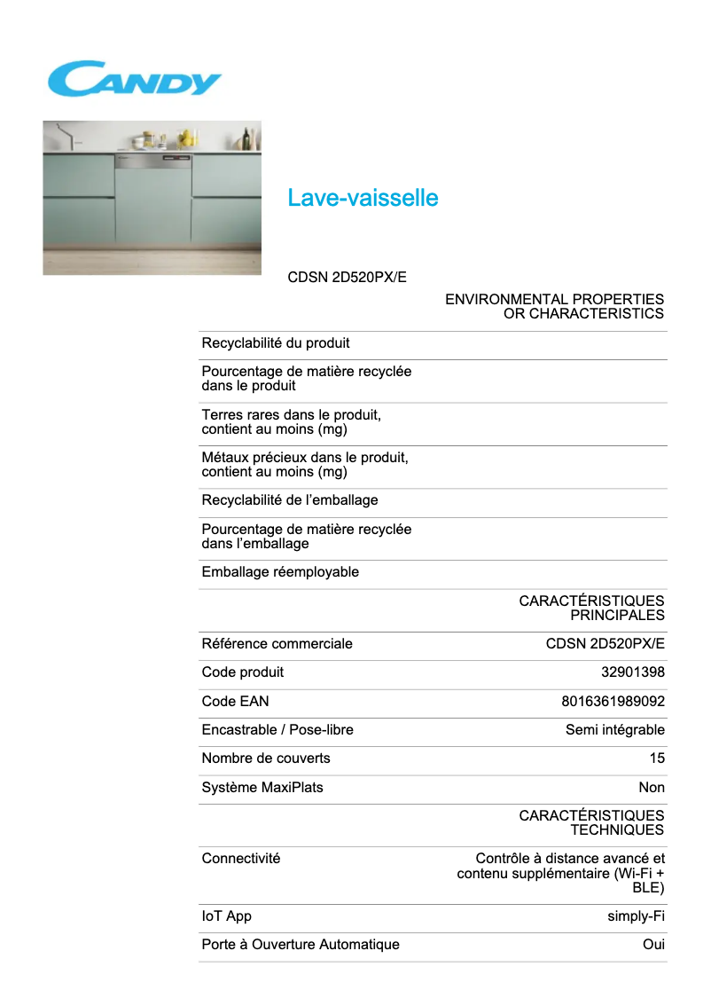 Page 1 de la notice Fiche technique Candy CDSN 2D520PX/E