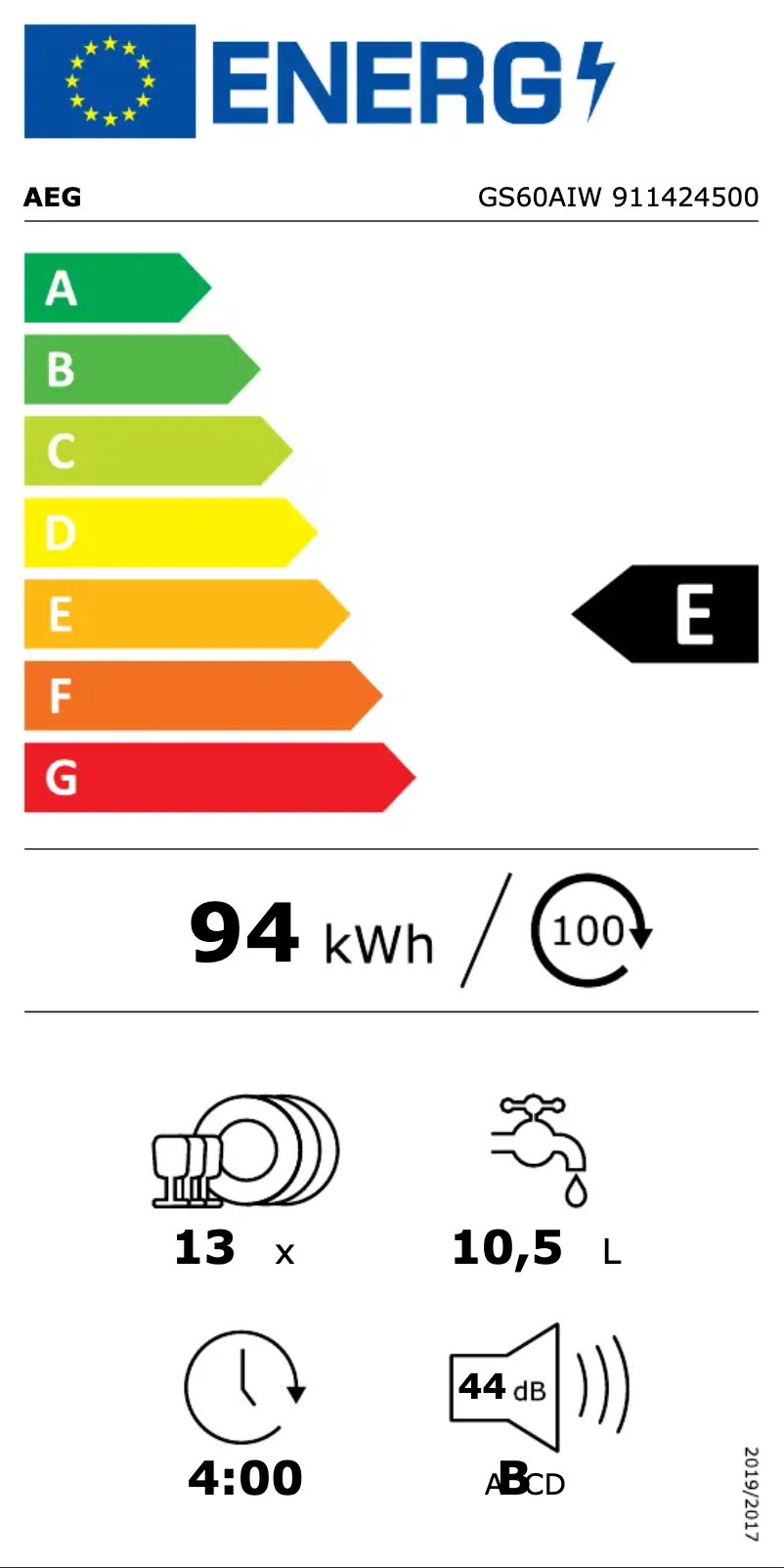 Page 1 de la notice Label énergétique AEG GS60AIW