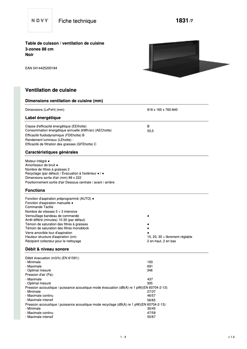 Page n°1 - Fiche technique Novy Panorama Power 1831
