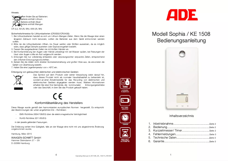 Page 1 de la notice Manuel utilisateur ADE Sophia KE 1508