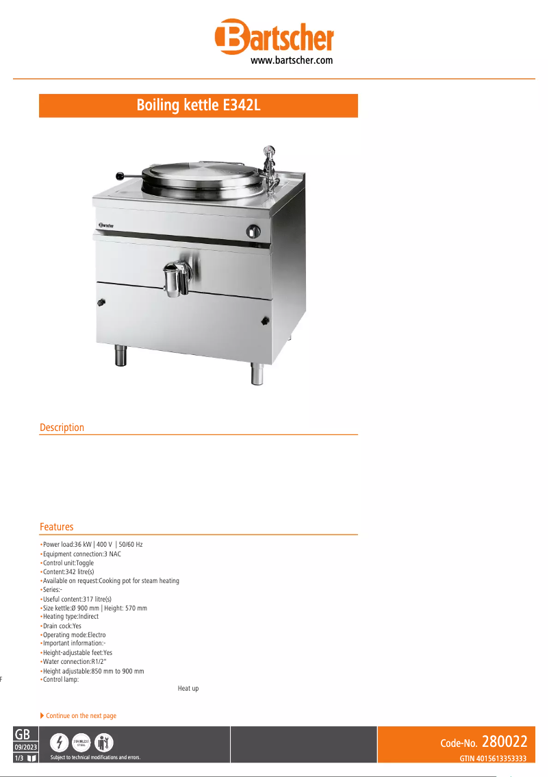Page 1 de la notice Fiche technique Bartscher E342L