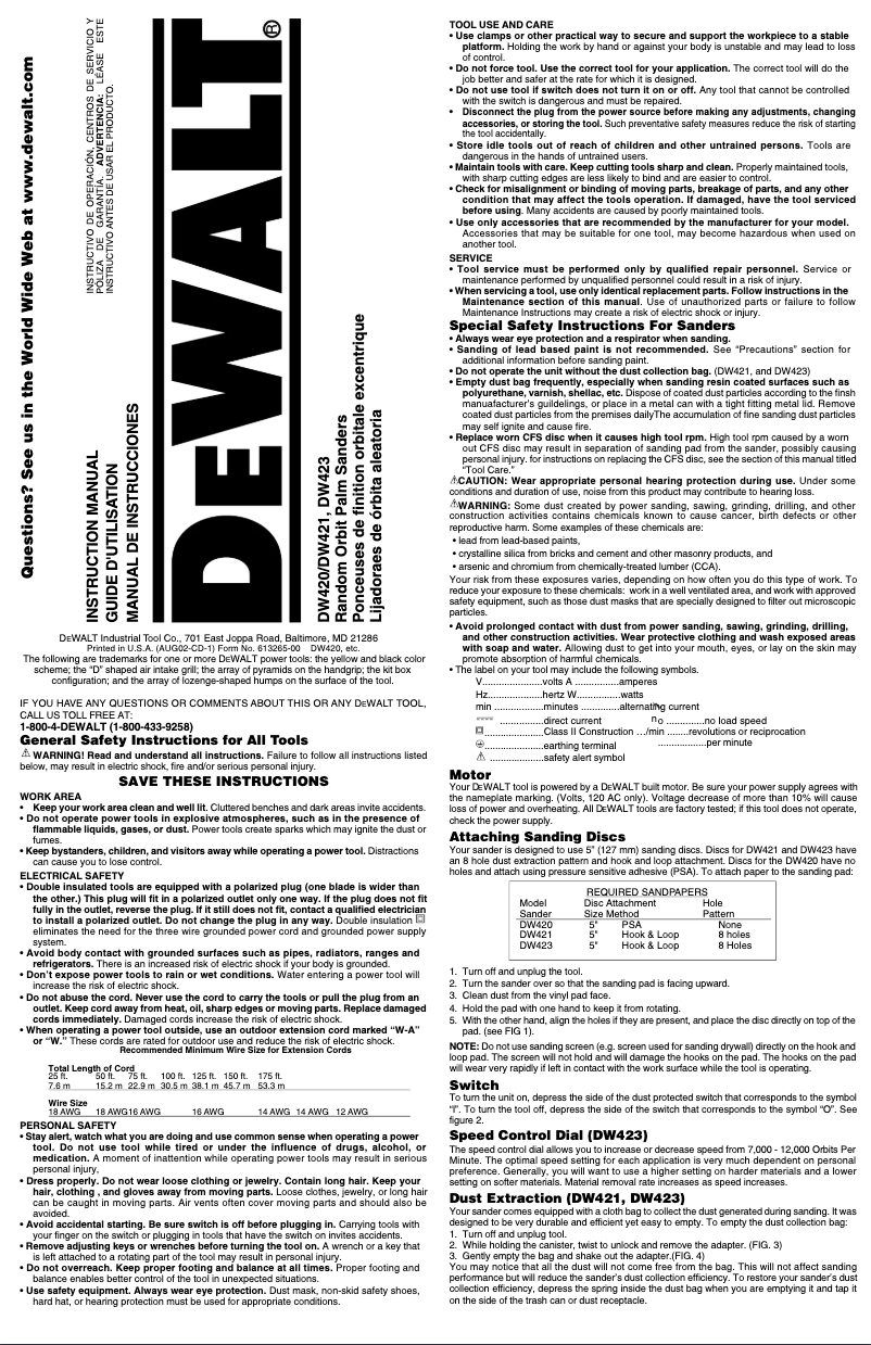 Page 1 de la notice Manuel utilisateur DeWalt DW423K