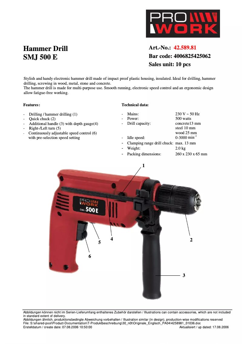 Page 1 de la notice Fiche technique Prowork SMJ 500 E