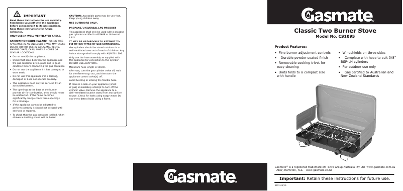 Page 1 de la notice Manuel utilisateur Gasmate CS1095