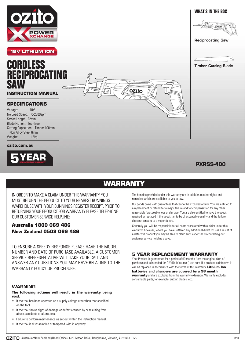 Page 1 de la notice Manuel utilisateur Ozito PXRSK-250