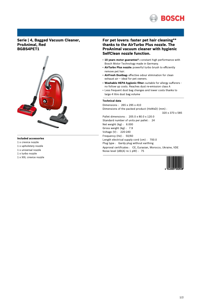 Página 1 del manual Ficha técnica Bosch Serie 4 ProAnimal BGBS4PET1