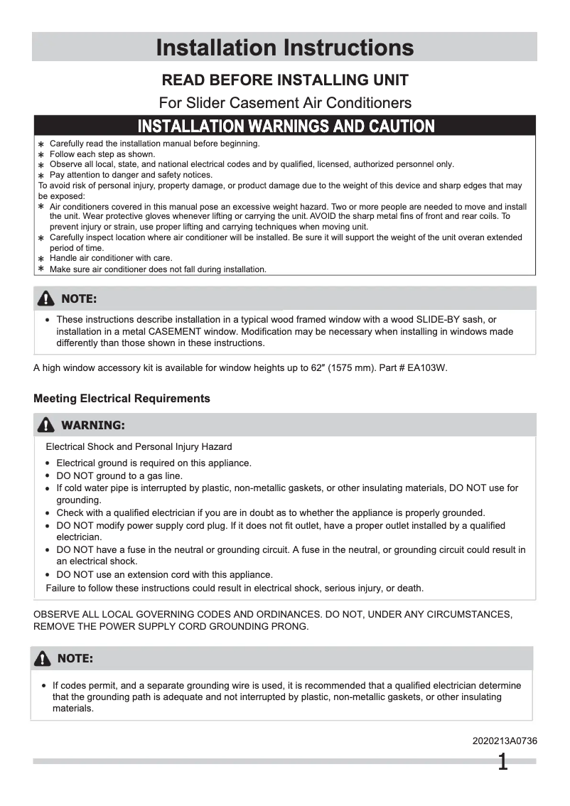 Page n°1 - Guide d'installation Frigidaire FRA103KT1