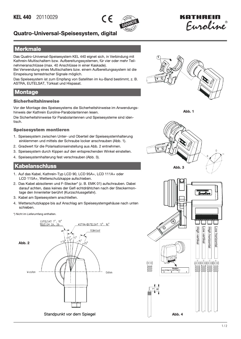 Page 1 de la notice Fiche technique Kathrein KEL 440
