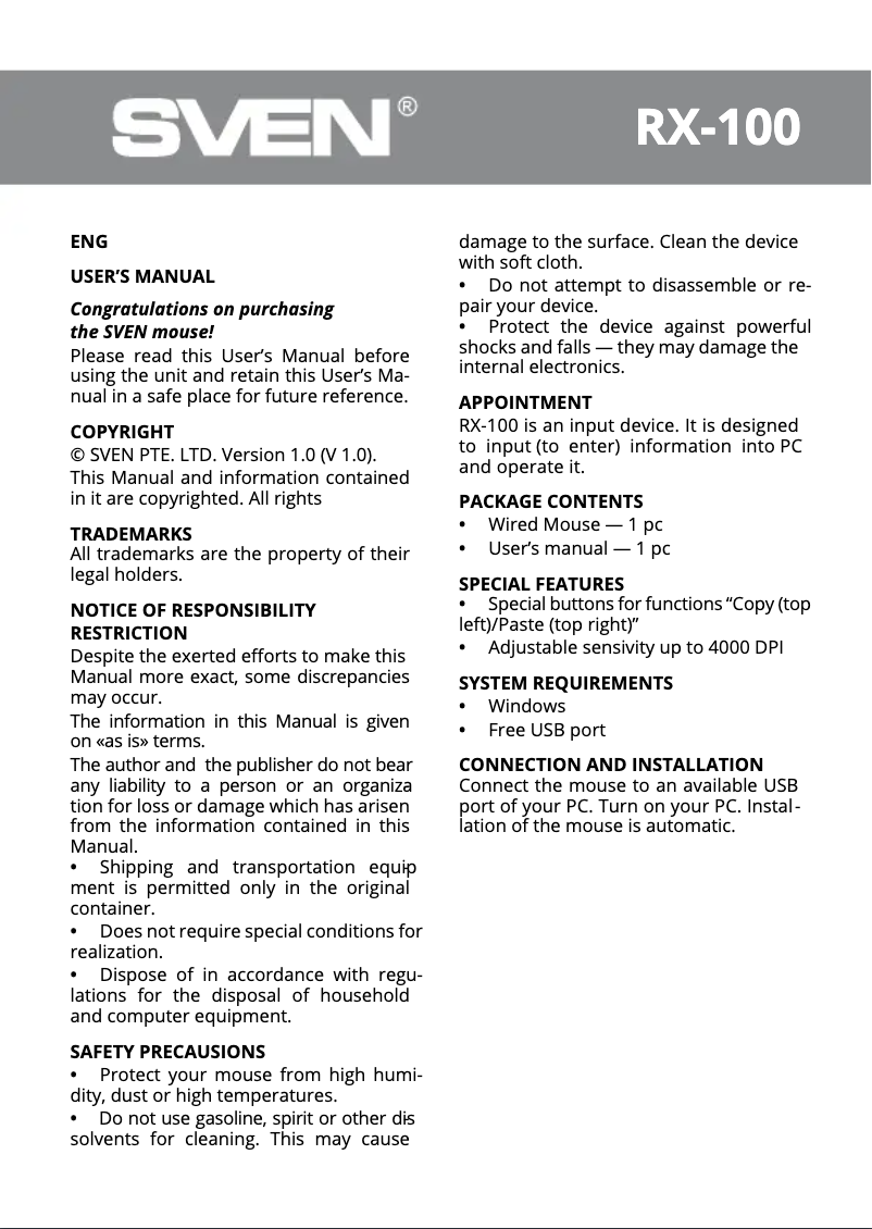 Page 1 de la notice Manuel utilisateur Sven RX-100
