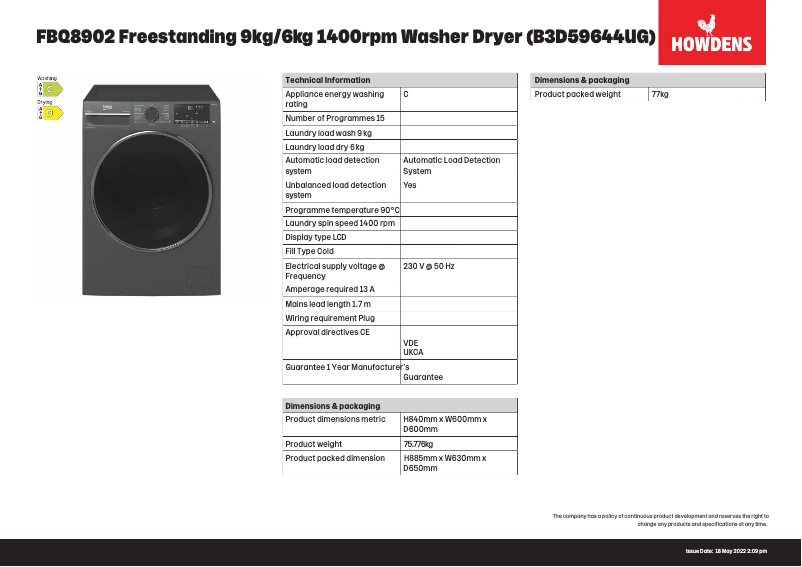 Page 1 de la notice Fiche technique Beko FBQ8902