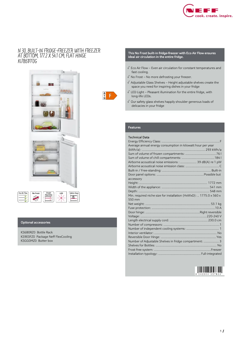 Page 1 de la notice Fiche technique Neff KI7861FF0G