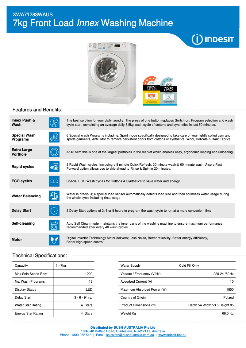 Page 1 de la notice Fiche technique Indesit XWA 71283