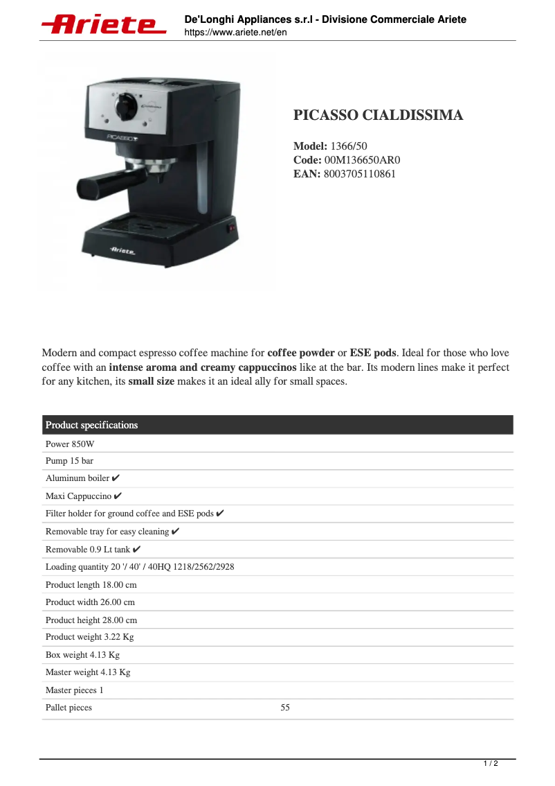 Page n°1 - Fiche technique Ariete Picasso Cialdissima 1366