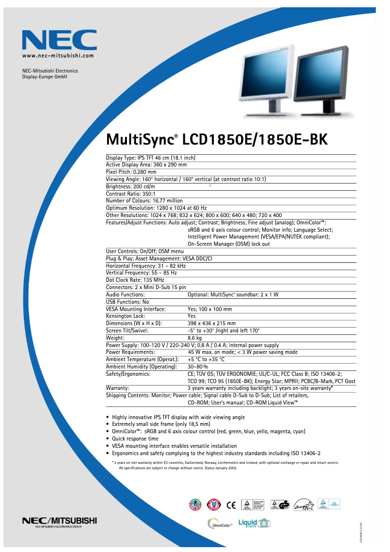 Página 1 del manual Ficha técnica NEC MultiSync LCD1850EBK