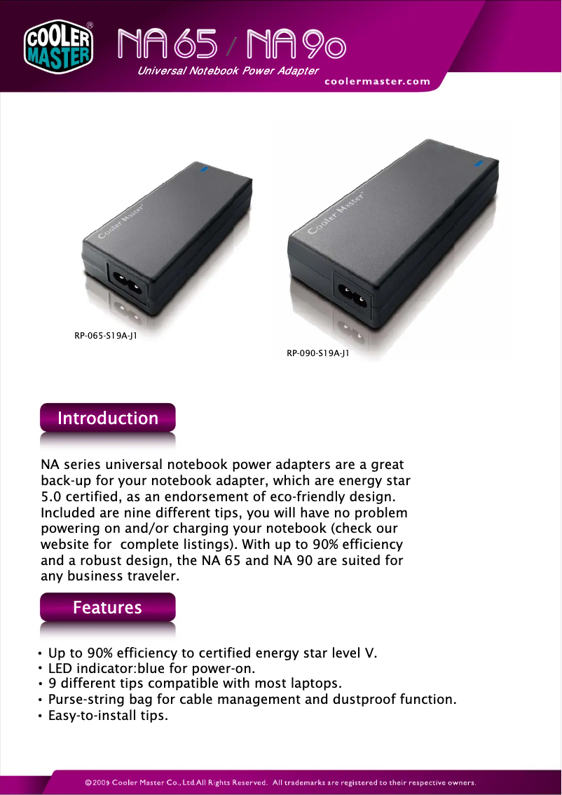 Page 1 de la notice Fiche technique Cooler Master NA 90