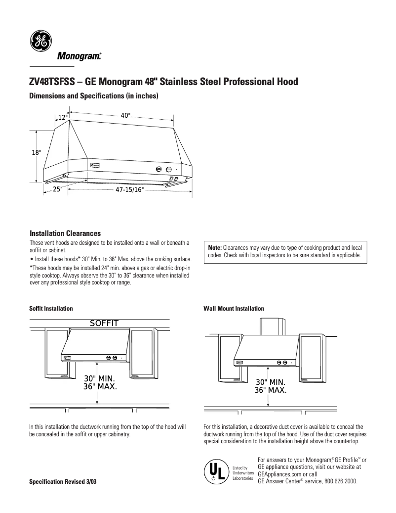 Page 1 de la notice Instructions / montage Monogram ZV48TSFSS