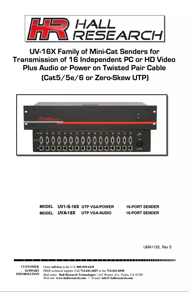 Page 1 de la notice Manuel utilisateur Hall Research UV1-S-16X