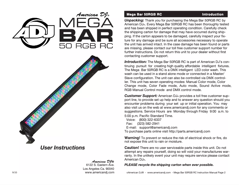Página 1 del manual Manual de usuario American DJ Mega Bar 50 RGB RC