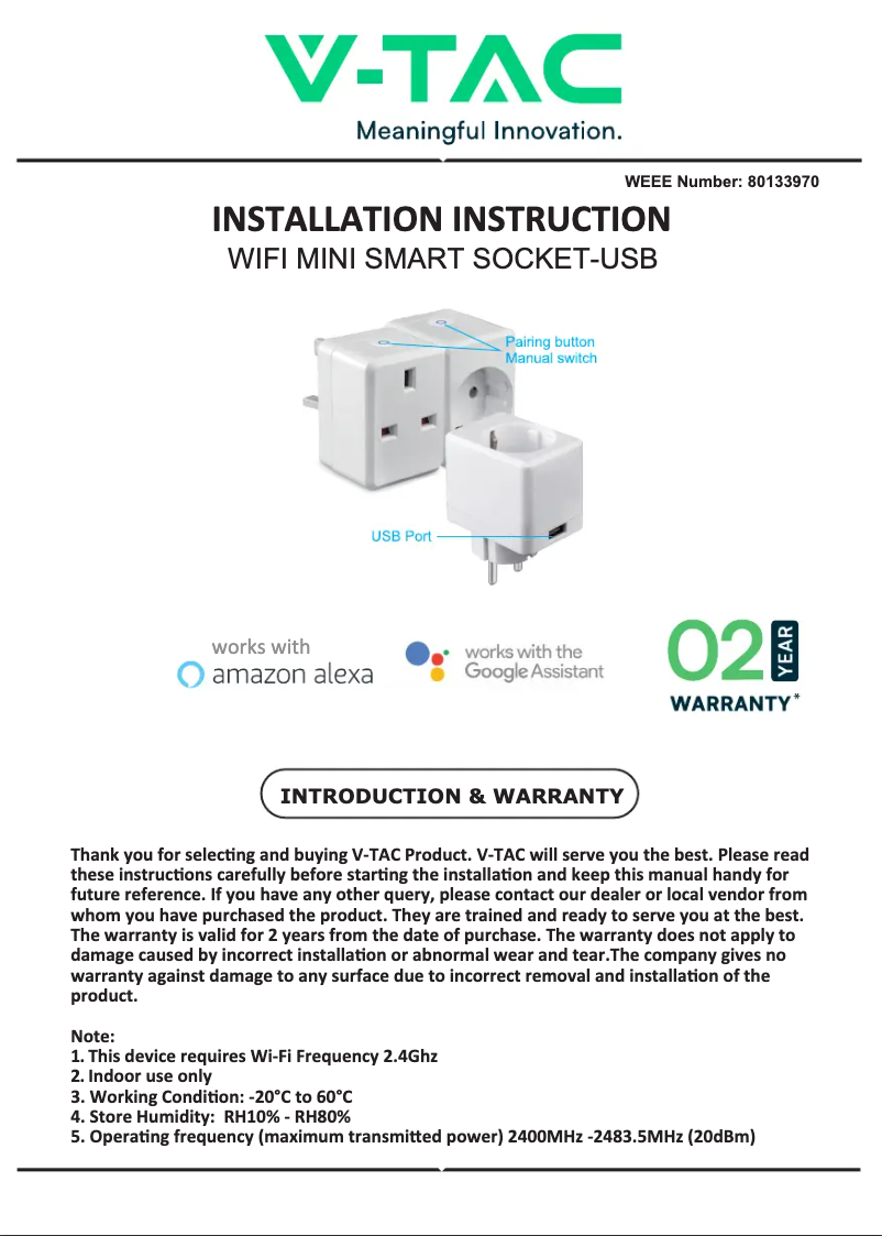 Page 1 de la notice Manuel utilisateur V-TAC VT-5002