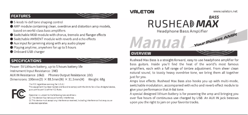 Page 1 de la notice Manuel utilisateur Valeton Rushead Max Bass