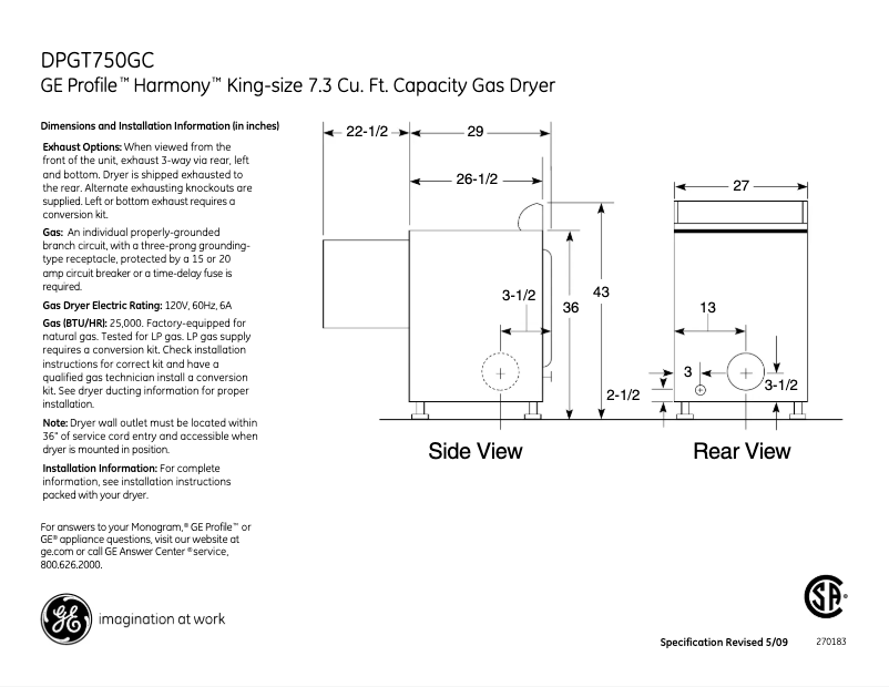 Page n°1 - Fiche technique GE Profile Harmony DPGT750GCWW