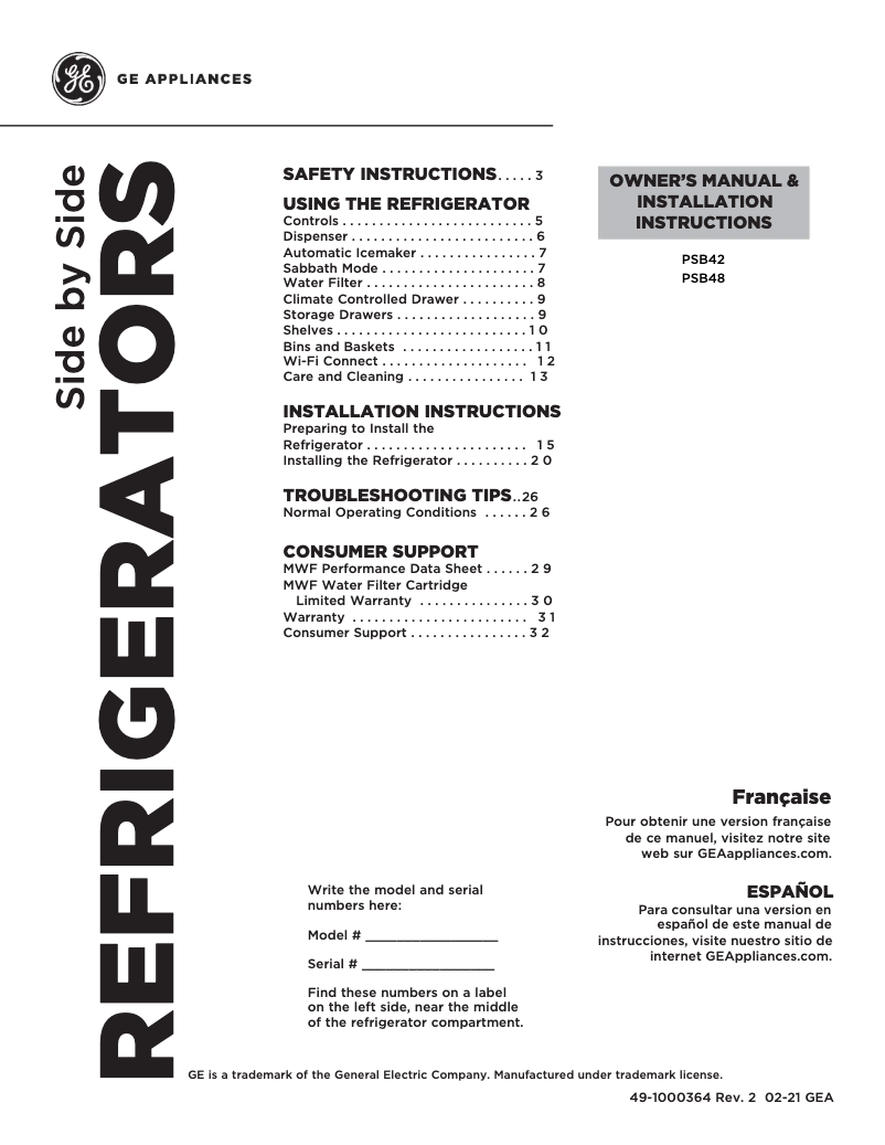 Page 1 de la notice Guide d'installation GE Profile PSB42YSKSS