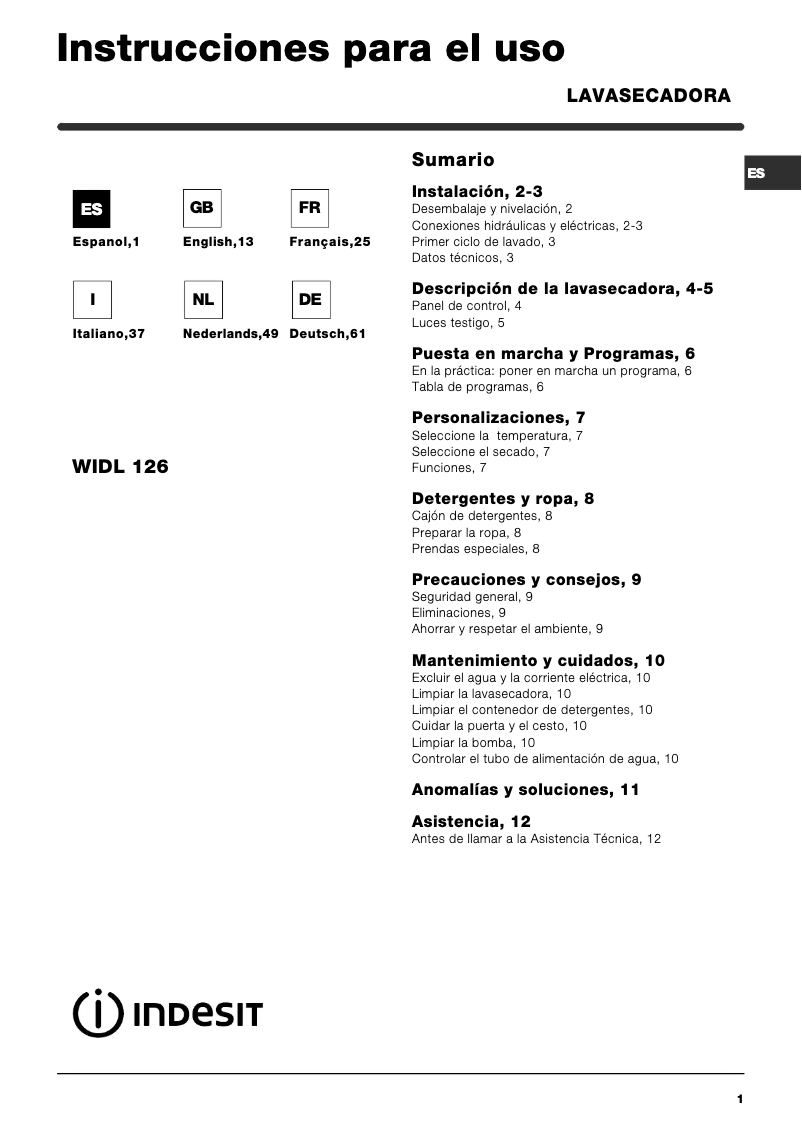 Page n°1 - Manuel utilisateur Indesit WIDL 126 EX