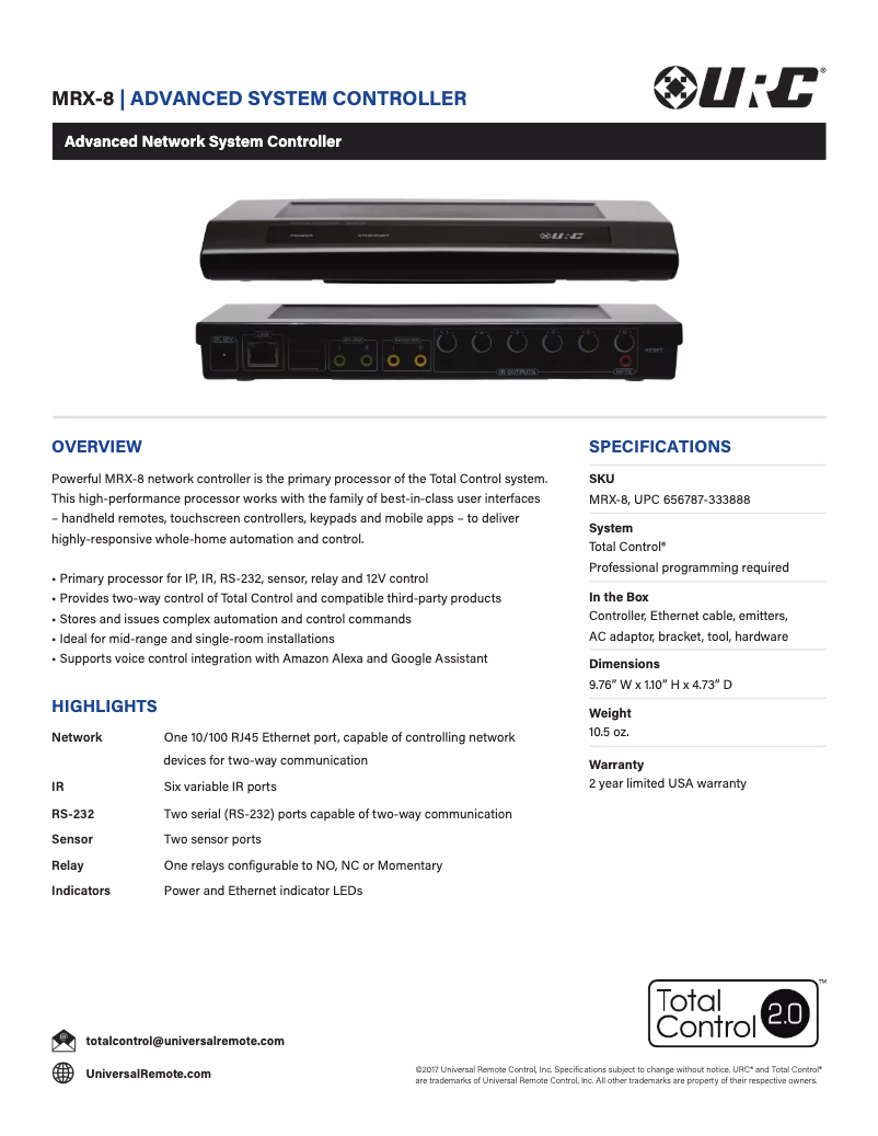 Page 1 de la notice Fiche technique Universal Remote Control MRX-15