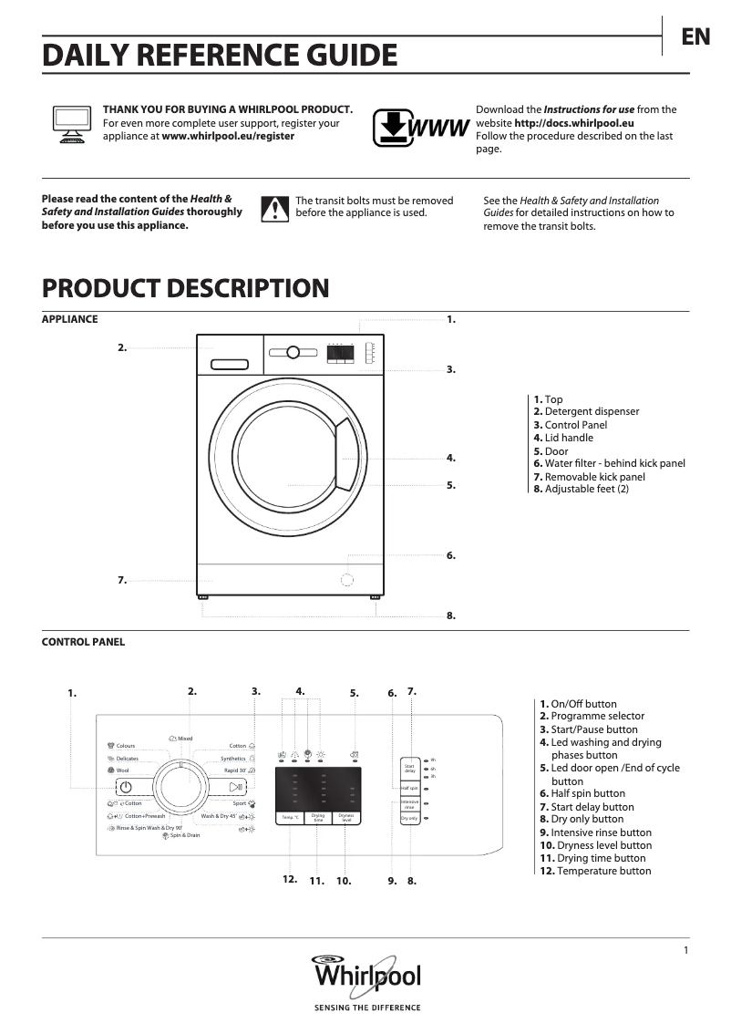 Page 1 de la notice Manuel utilisateur Whirlpool WWDE 7512