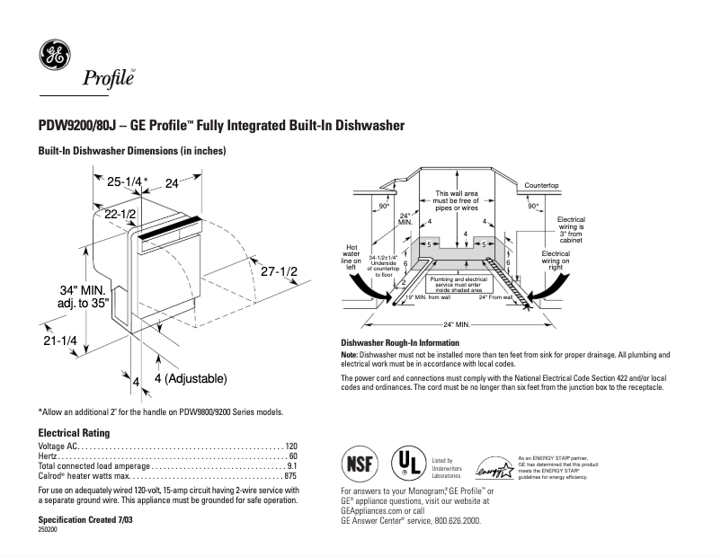 Page n°1 - Fiche technique GE Profile PDW9200JBB