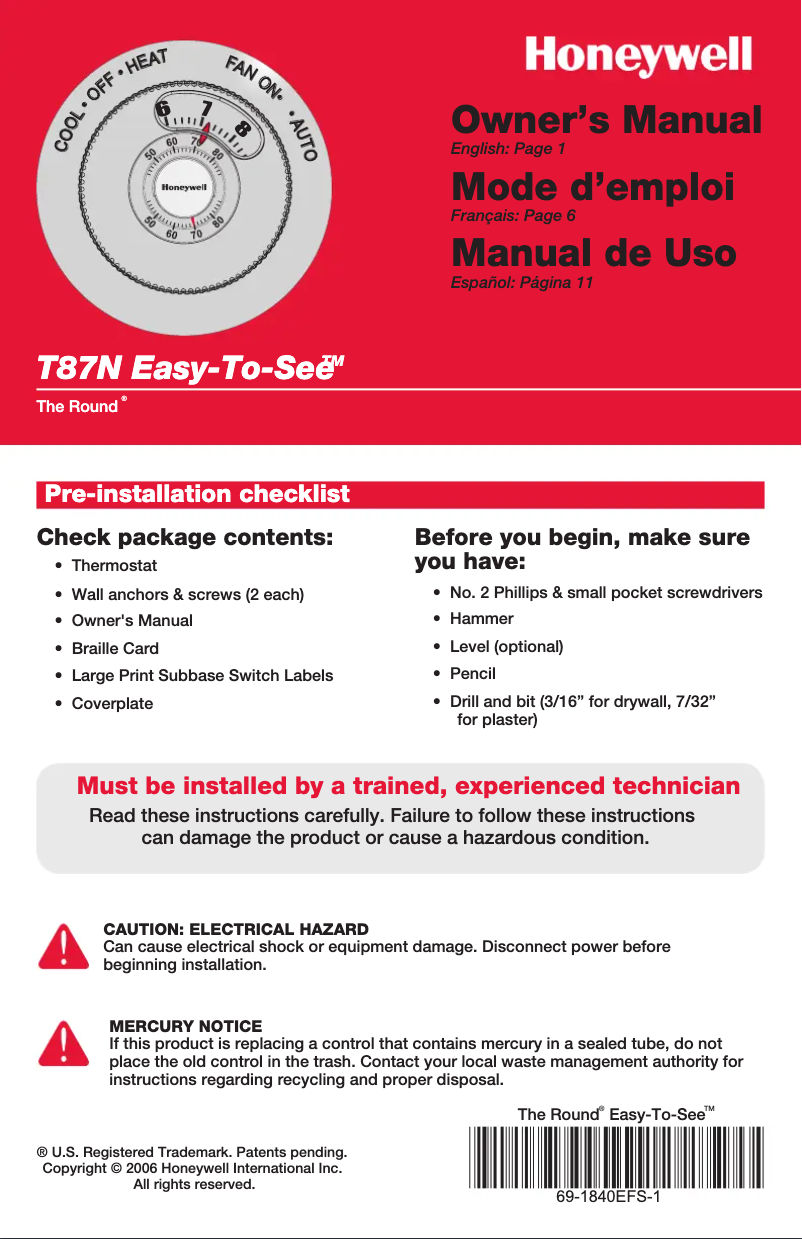 Page n°1 - Manuel utilisateur Honeywell Easy-To-See T87F