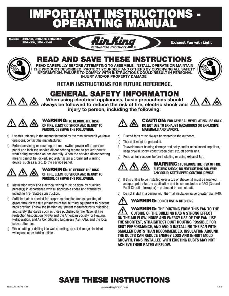 Page n°1 - Instructions / montage Air King LEDAK100H