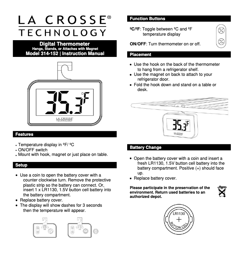 Page n°1 - Manuel utilisateur La Crosse Technology 314-152-M