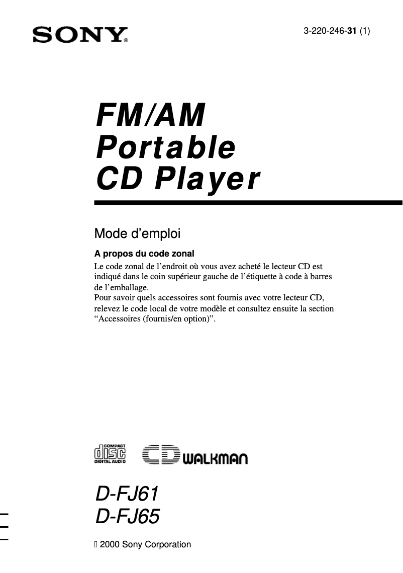Page 1 de la notice Manuel utilisateur Sony D-FJ65