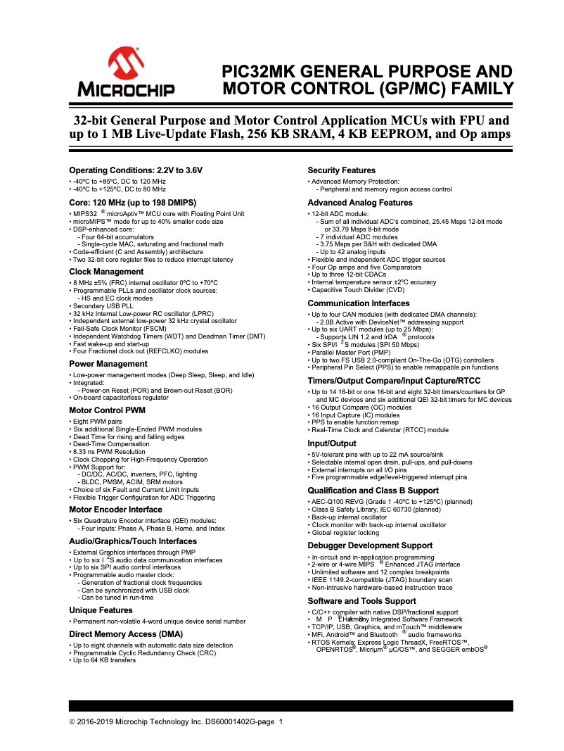 Page 1 de la notice Fiche technique Microchip PIC32MK0512MCF064