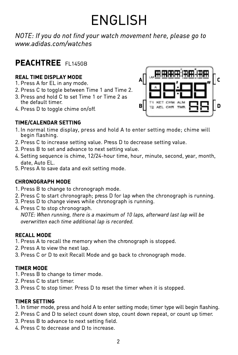 Page 1 de la notice Manuel utilisateur Adidas Peachtree FL145GB