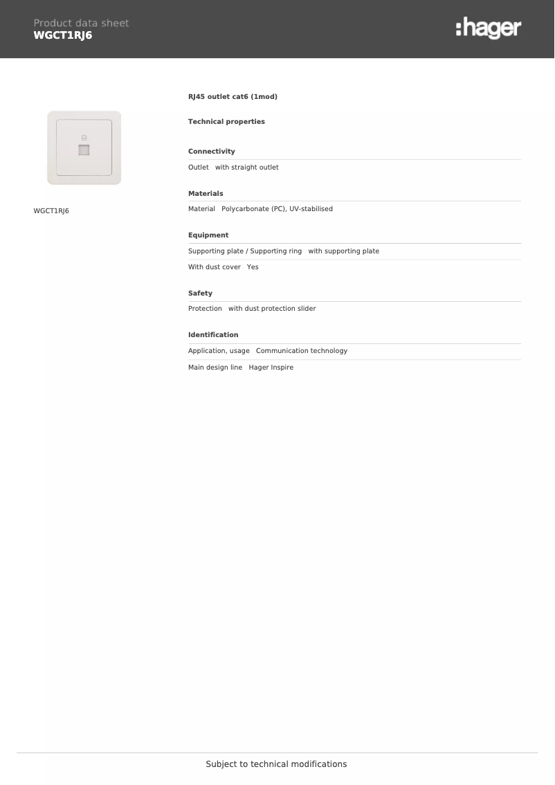 Page 1 de la notice Fiche technique Hager WGCT1RJ6