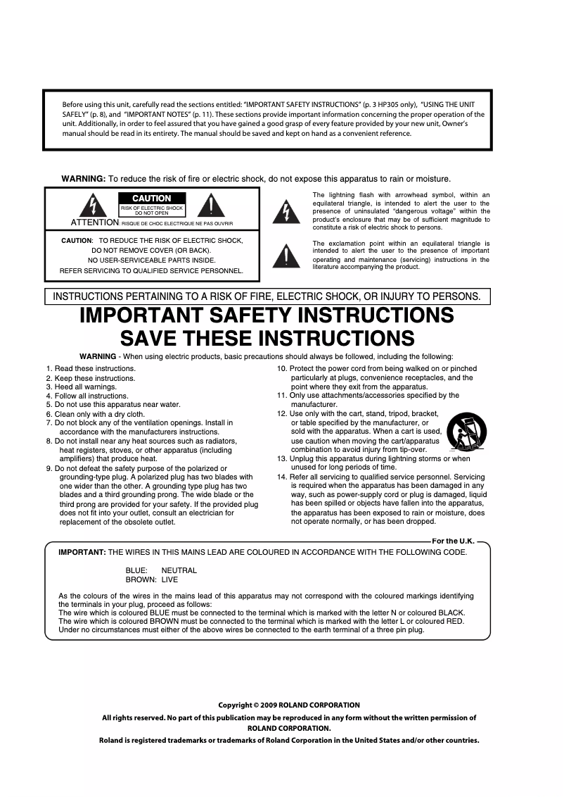 Page n°1 - Manuel utilisateur Roland HP305
