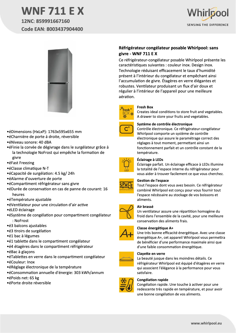 Page 1 de la notice Fiche technique Whirlpool WNF 711 E X