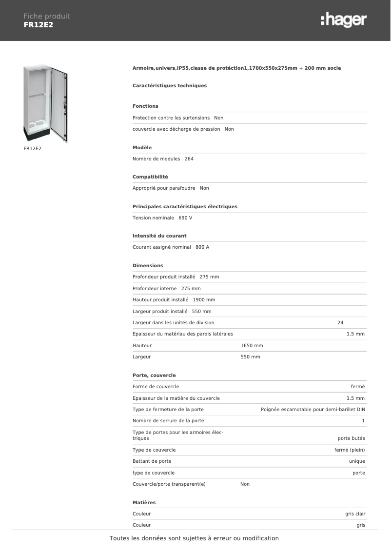 Page 1 de la notice Fiche technique Hager FR12E2