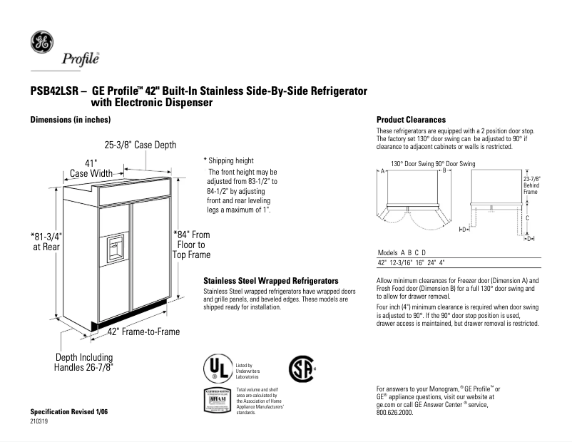 Página 1 del manual Ficha técnica GE PSB42LSRBV