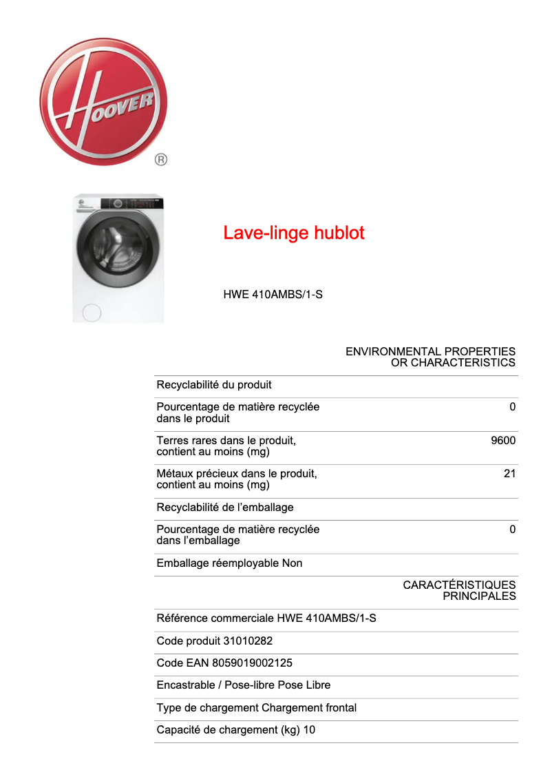 Page 1 de la notice Fiche technique Hoover H-WASH 500 HWE 410AMBS/1-S