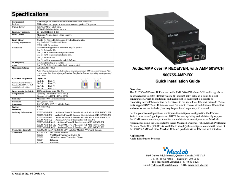 Page 1 de la notice Manuel utilisateur MuxLab 500755-AMP-RX