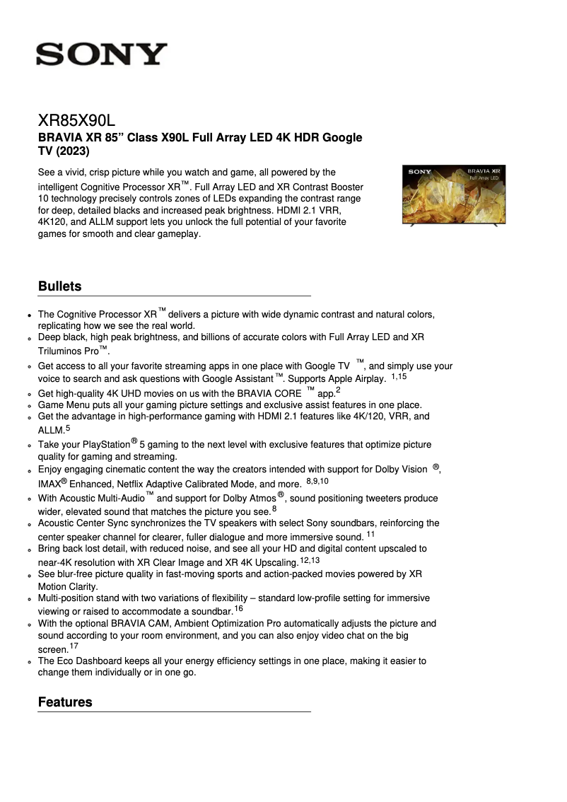 Page n°1 - Fiche technique Sony XR-85X90L