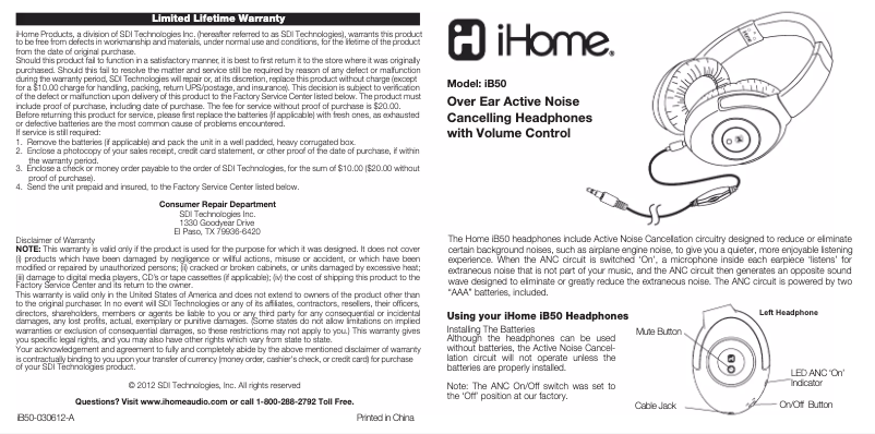 Page n°1 - Manuel utilisateur iHome iB50