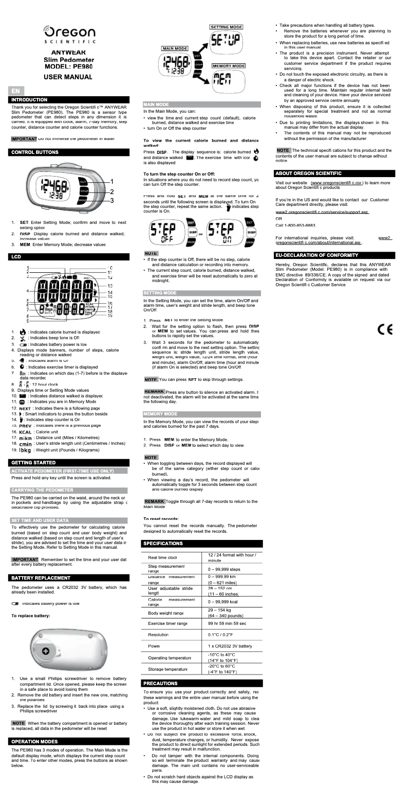 Page 1 de la notice Manuel utilisateur Oregon Scientific PE980