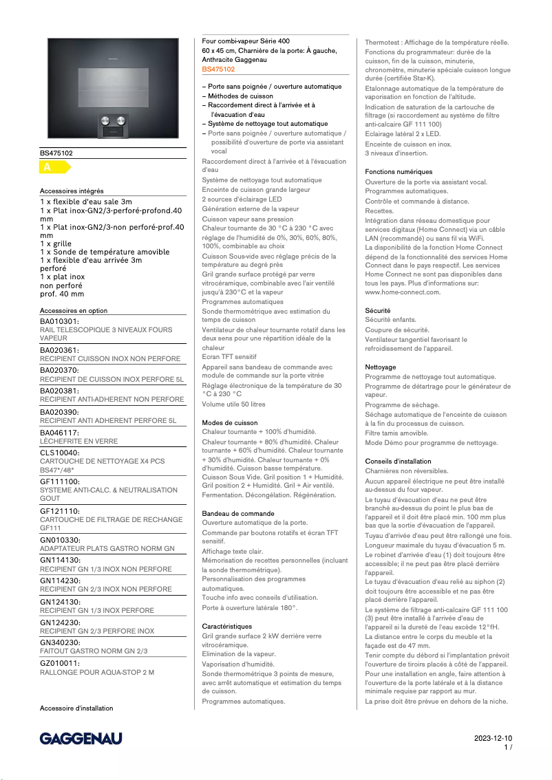 Page 1 de la notice Fiche technique Gaggenau BS475102