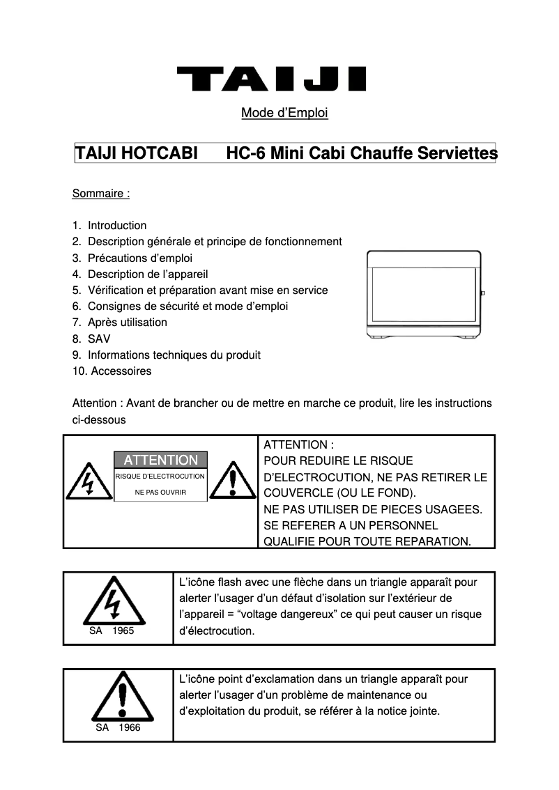 Page 1 de la notice Manuel utilisateur Taiji HC-6