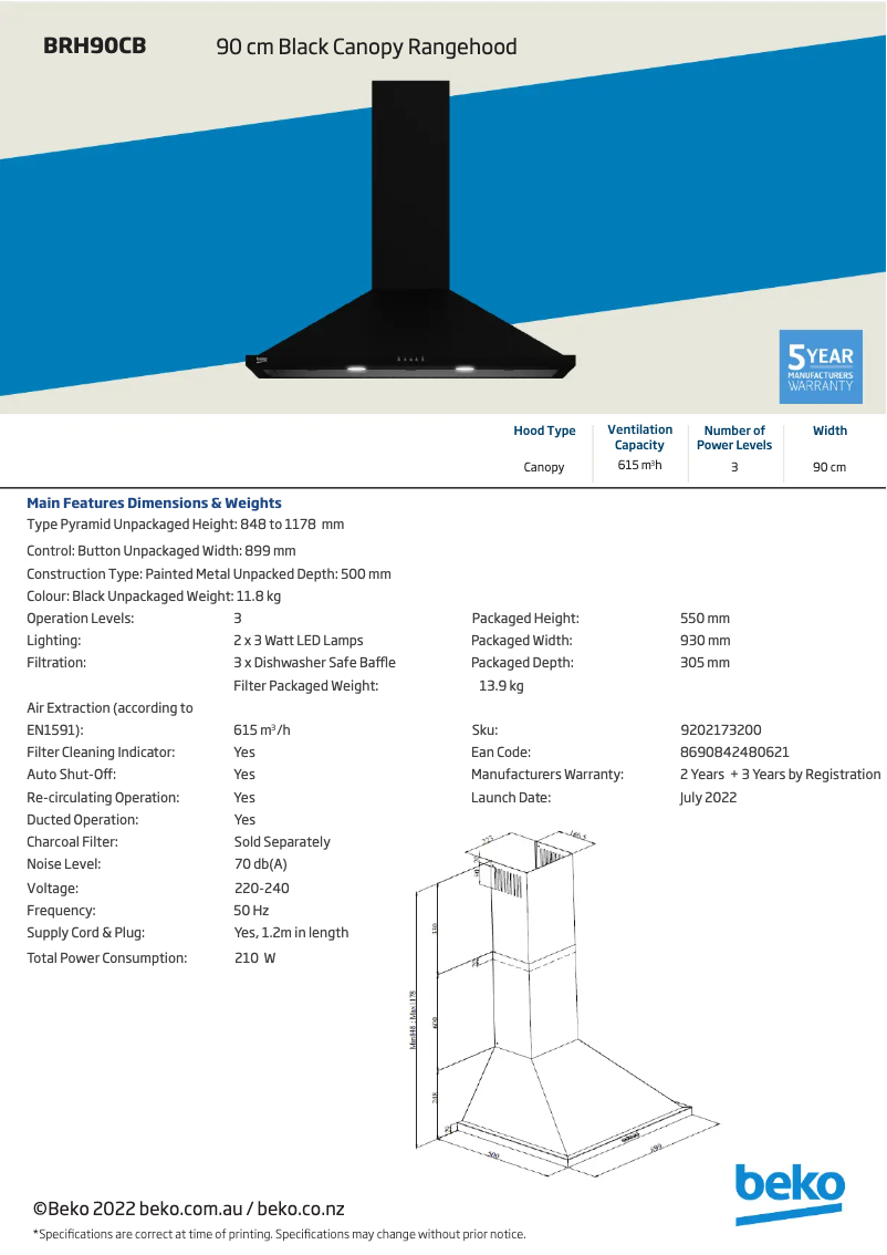 Page 1 de la notice Fiche technique Beko BRH90CB