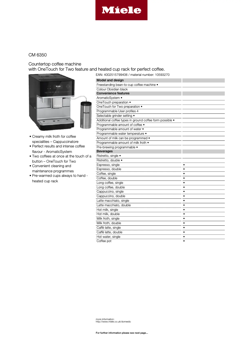 Page n°1 - Fiche technique Miele CM 6350
